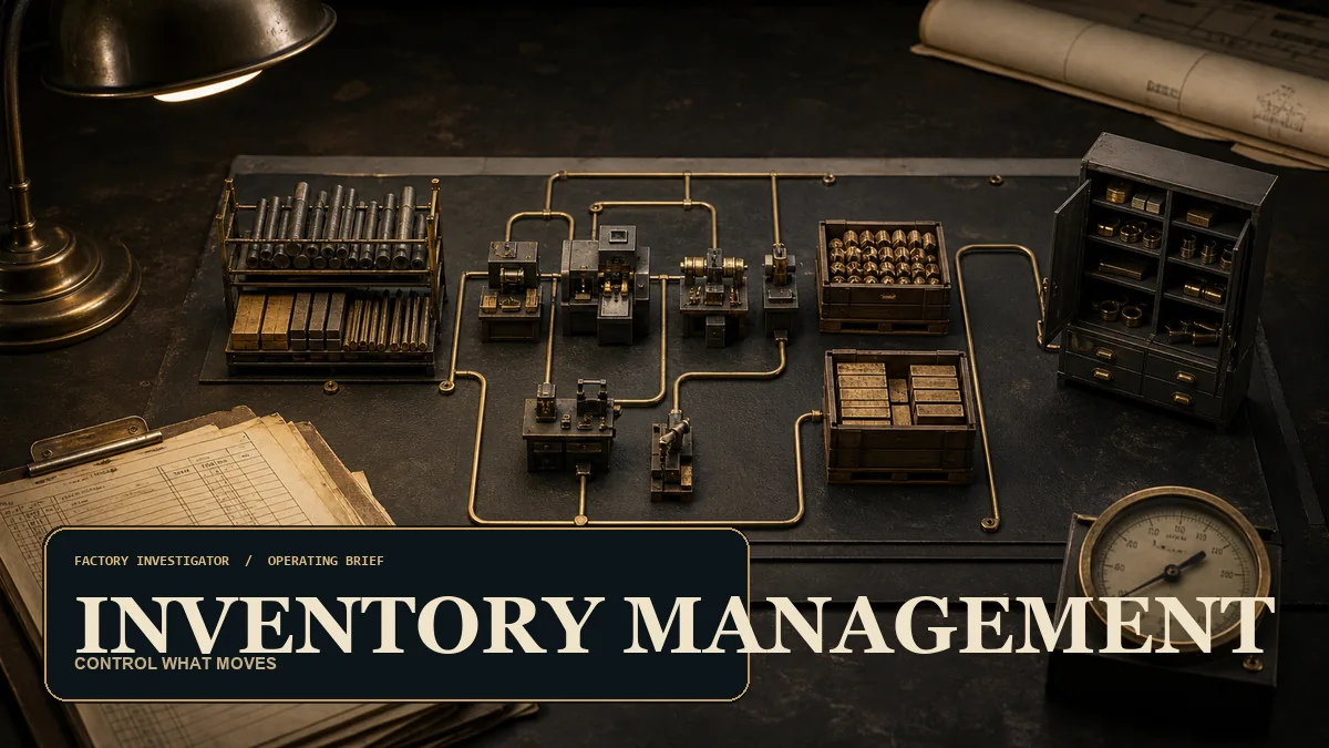 Manufacturing inventory management shown as raw material, WIP, finished goods, and MRO control stations