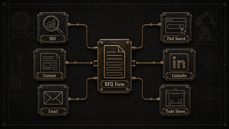 How each digital marketing channel for manufacturers feeds the website and RFQ form as the conversion hub