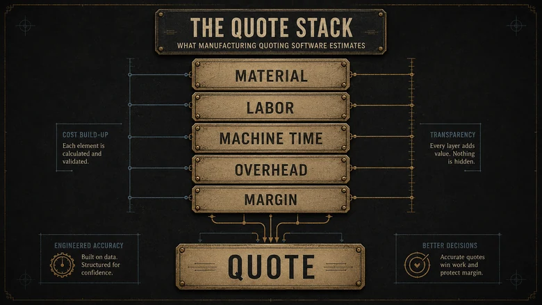 Diagram of the manufacturing quote stack that quoting software estimates: material, labor, machine time, overhead, and margin