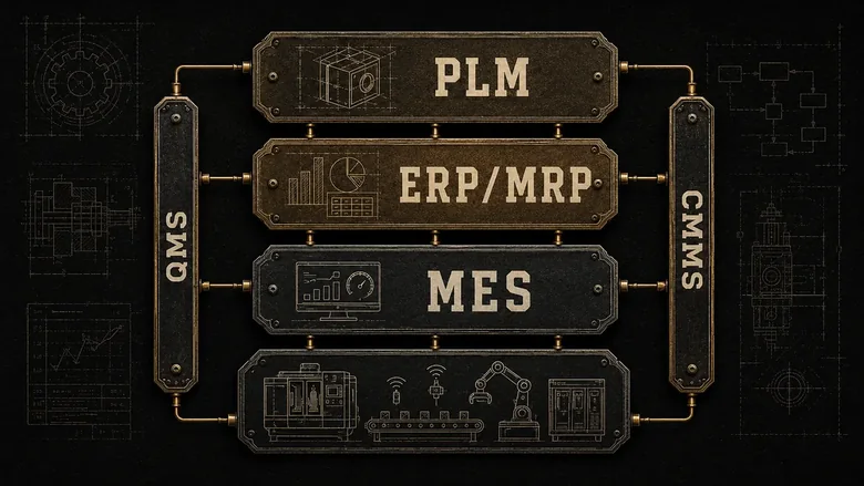 Diagram of the manufacturing software stack layers PLM, ERP, MRP, MES with QMS and CMMS side rails