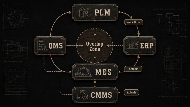 Integration diagram showing how PLM, ERP, MES, QMS and CMMS pass manufacturing data between each other