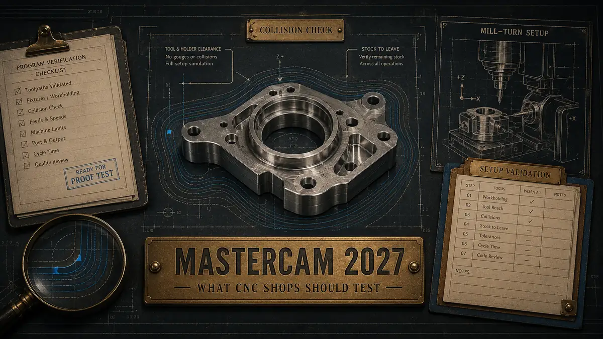 Blueprint-style CNC part with toolpath arcs, setup ledger, and collision-check marks for Mastercam 2027 upgrade testing.