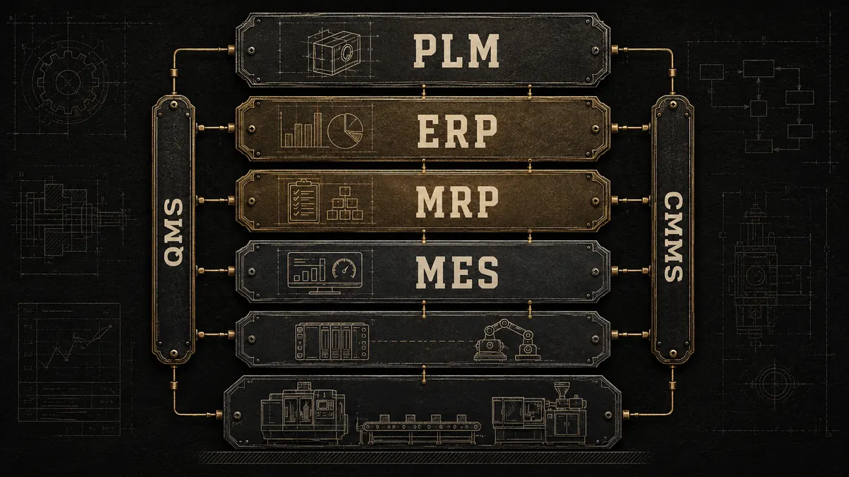 Patent-style diagram of the manufacturing software stack showing PLM, ERP, MRP, MES, QMS and CMMS layers
