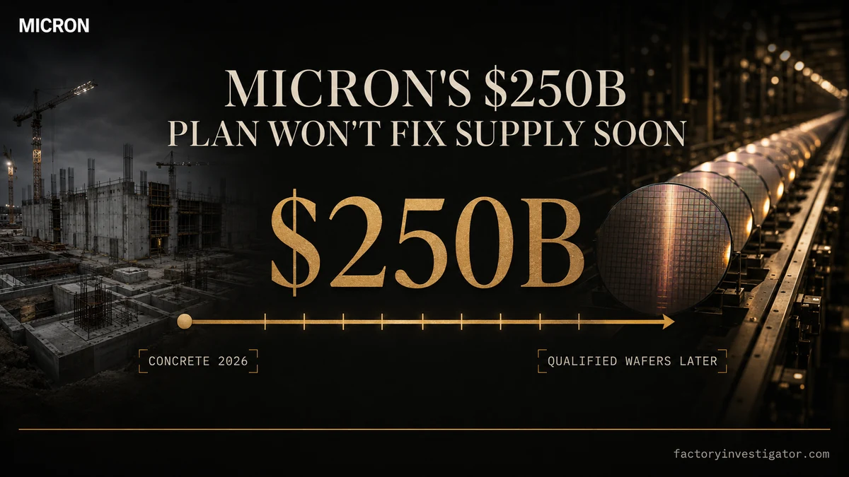 Factory Investigator editorial graphic showing Micron's $250B U.S. memory expansion, with a fab construction scene, wafer production line, and a timeline emphasizing delayed qualified supply.