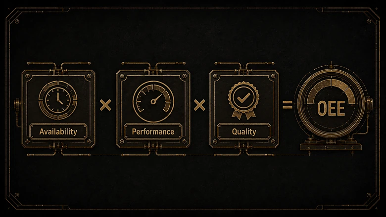 OEE formula diagram: Availability times Performance times Quality multiplying to an overall OEE percentage