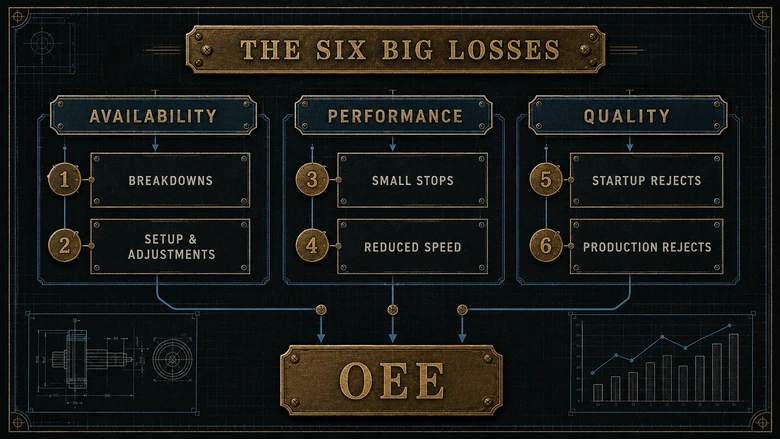 The Six Big Losses mapped to OEE's Availability, Performance, and Quality factors