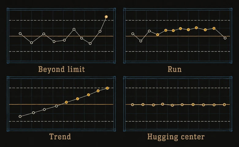 Common out-of-control signals on a control chart: a point beyond the limits, a run, a trend, and points hugging the center line