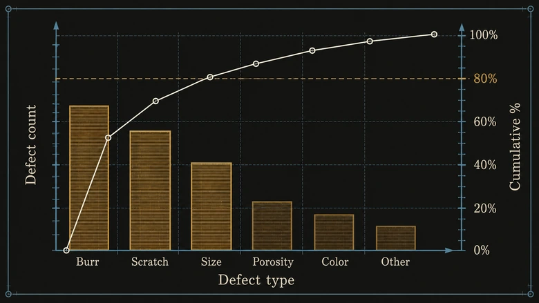Pareto chart of manufacturing defects showing the vital few defect types accounting for about 80 percent of total scrap with a cumulative percentage line