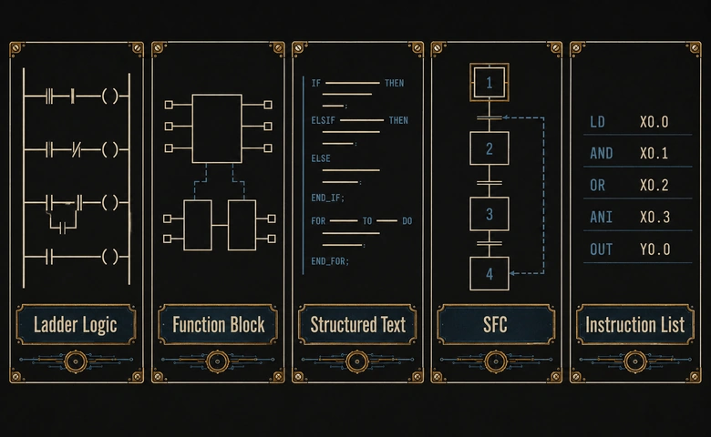 Comparison panel of the five IEC 61131-3 PLC programming languages: ladder, function block, structured text, SFC, and IL