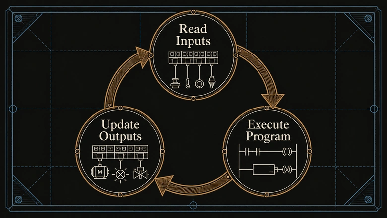Diagram of the PLC scan cycle showing the loop from read inputs to execute program to update outputs