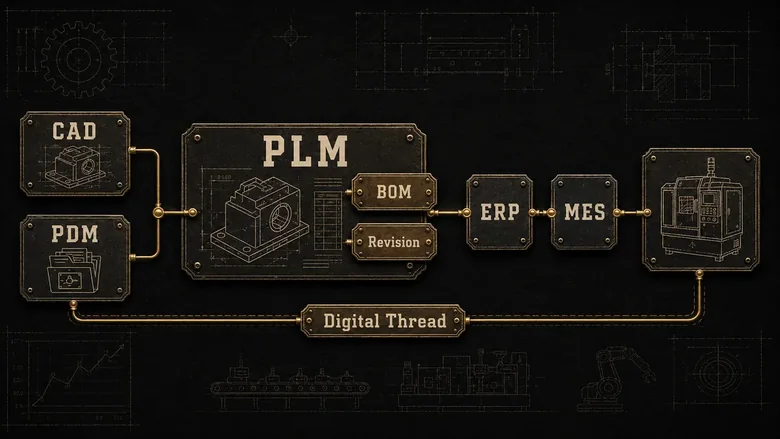 PLM software workflow diagram showing the digital thread from CAD and BOM to ERP and MES production