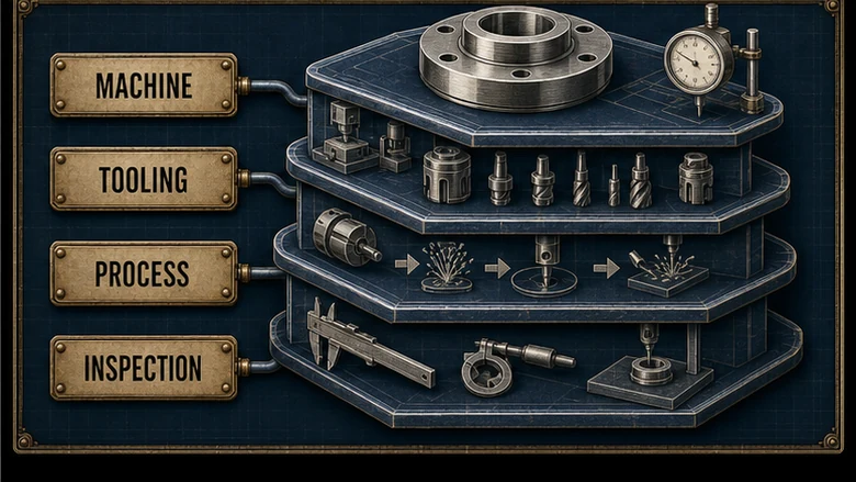 Layered precision CNC accuracy stack showing drawing, setup, thermal control, tooling, process control, and measurement