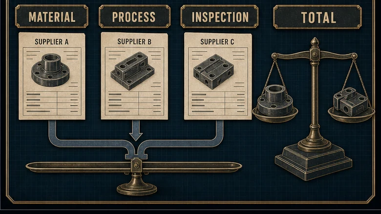 Worksheet comparing recurring, one-time, inspection, finishing, freight, and risk costs in machining quotes