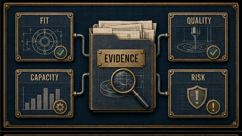 Evidence map linking weighted machining supplier scores to certificates, sample reports, capacity records, and cost assumptions