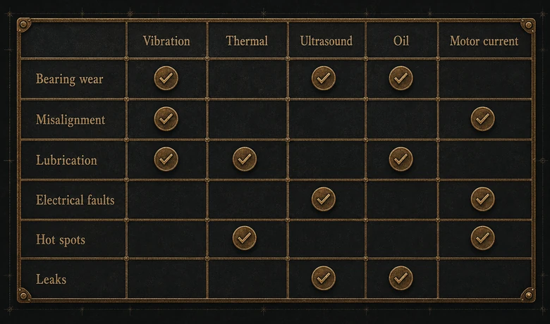 Grid matching predictive maintenance sensing techniques (vibration, thermal, ultrasound, oil, motor current) to the equipment failure modes each one detects
