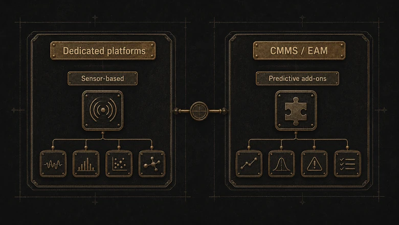 Diagram grouping predictive maintenance software into dedicated sensor-based platforms and predictive add-ons inside a CMMS or EAM
