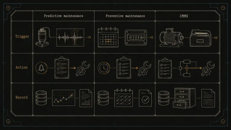 Diagram showing how predictive maintenance software, preventive maintenance software, and a CMMS trigger and record work differently for manufacturers