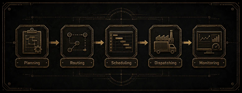 Five-step production scheduling process flow: planning, routing, scheduling, dispatching and monitoring
