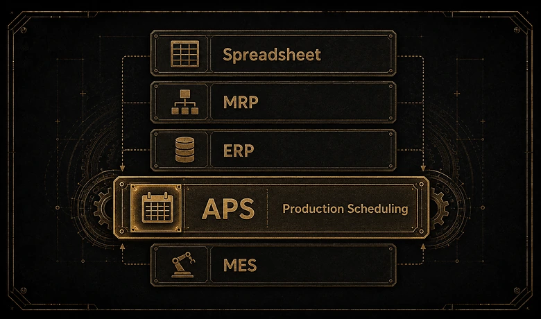 Diagram showing where production scheduling software sits across spreadsheet, MRP, ERP, MES and dedicated APS layers
