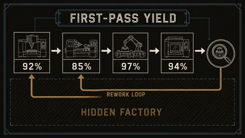 Quality inspection value stream map showing first-pass yield in each data box and backward rework loops that add hidden lead time