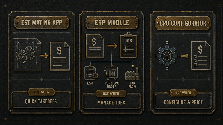 Decision map comparing dedicated quoting and estimating software, an ERP quoting module, and a CPQ configurator for manufacturing