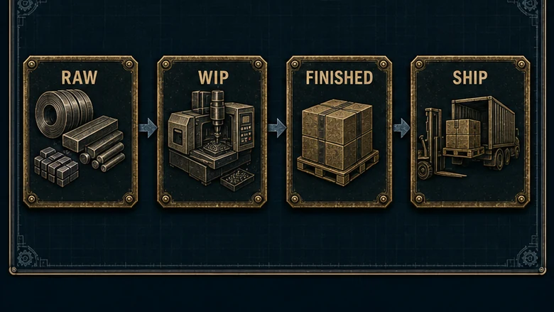 Manufacturing inventory management loop connecting raw material, WIP, finished goods, and MRO stock