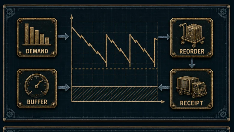 Reorder point and safety stock curve showing demand during lead time, order trigger, and replenishment