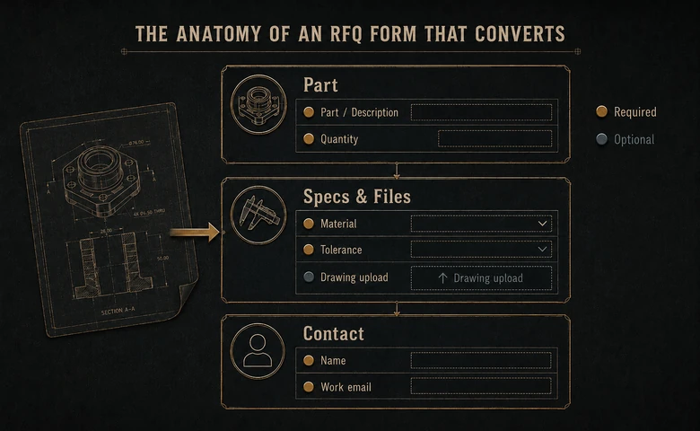 Anatomy of an RFQ form that converts, grouped into part, specs and files, and contact blocks with required and optional fields marked