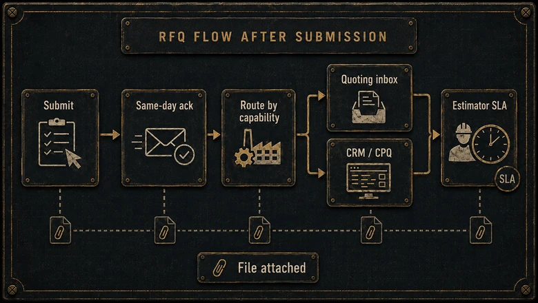 Where an RFQ form submission goes after submit: acknowledgment to the buyer, routing by capability into a CRM or quoting tool, and an estimator SLA