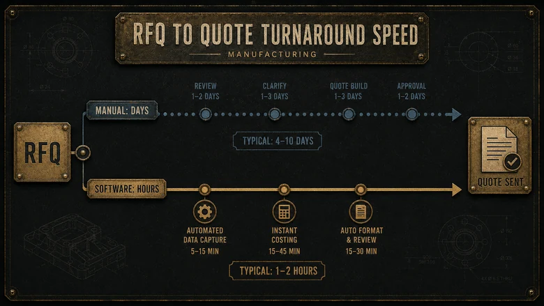 Diagram of RFQ-to-quote turnaround for manufacturing: manual estimating in days versus quoting software in hours