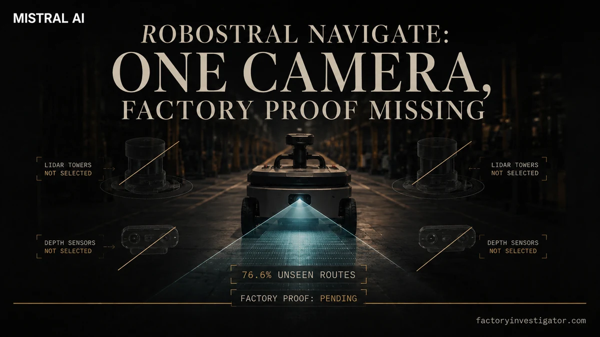Factory Investigator news graphic showing a wheeled factory robot navigating with one camera, contrasted against ghosted LiDAR sensors and labeled with 76.6% unseen-route performance.