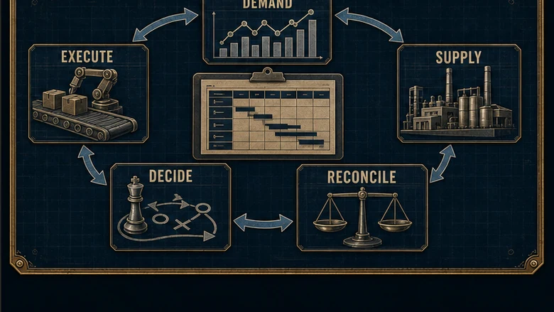 Five-step S and OP cycle from product and demand reviews to executive approval of one plan