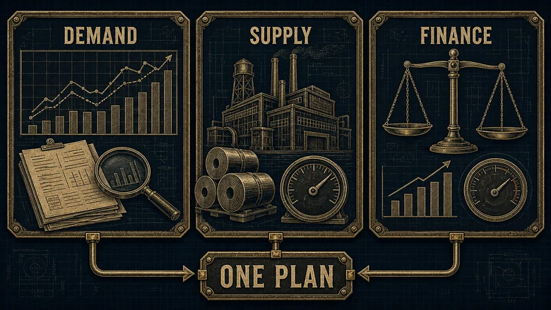 S and OP reconciliation board comparing demand, capacity, inventory, margin, and the approved scenario