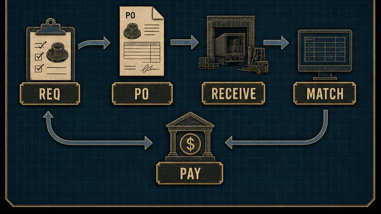 Seven-step procure to pay cycle from purchase requisition through payment and posting