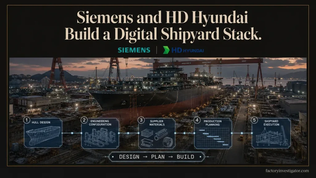 Siemens and HD Hyundai digital shipyard connecting hull design, engineering, supplier materials, planning, and execution.