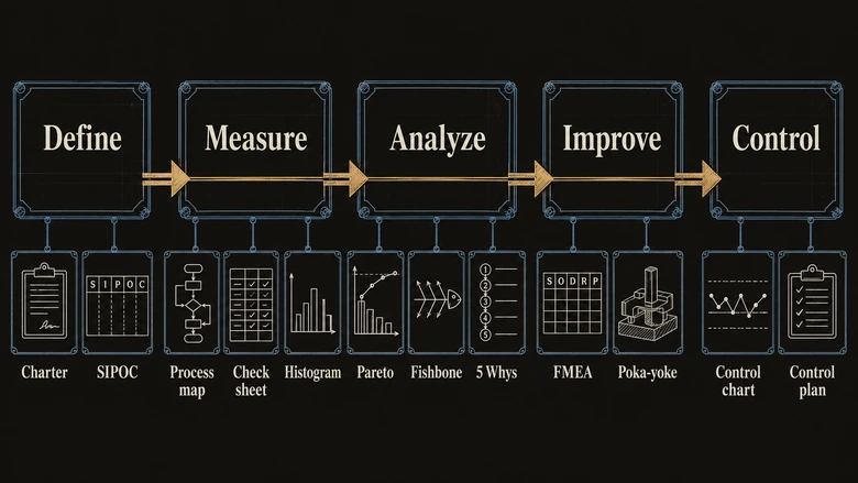 Six Sigma tools mapped to the five DMAIC phases: charter and SIPOC in Define, process map in Measure, Pareto and fishbone in Analyze, FMEA in Improve, control chart in Control