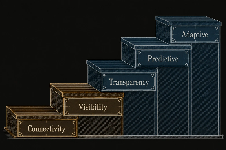 Smart factory maturity ladder showing five Industry 4.0 stages from connectivity to adaptability