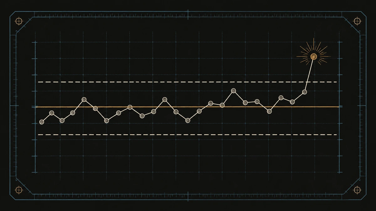 Statistical process control chart with center line, control limits, and one out-of-control data point