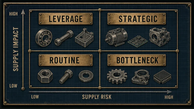 Kraljic matrix mapping manufacturing purchases by business impact and supply risk