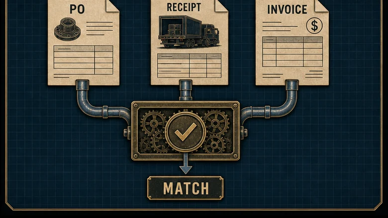 Three-way match control comparing purchase order, accepted goods receipt, and supplier invoice