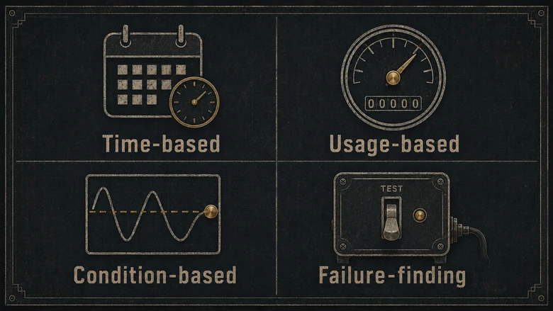 Diagram of the four types of preventive maintenance and their triggers: time-based, usage-based, condition-based, and failure-finding