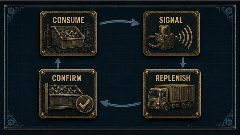 VMI data loop showing buyer usage and inventory signals feeding supplier replenishment and shipment decisions
