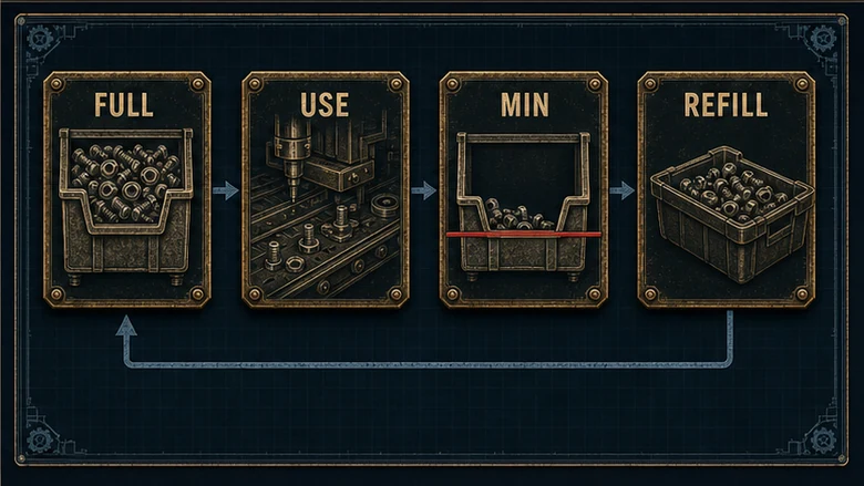 Worked vendor-managed inventory example for a two-bin fastener system with min max and pack rounding