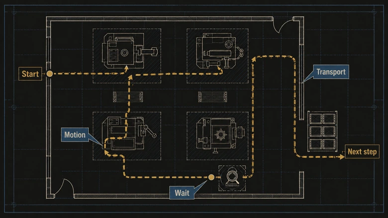 A gemba waste walk route following one part through a factory cell, flagging waiting, transport, and motion at each station