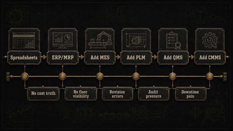 Decision diagram showing when a manufacturer should add MES, PLM, QMS and CMMS to ERP by growth stage