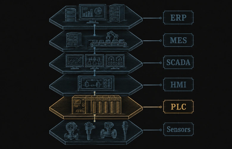 Diagram showing where PLCs sit in the automation stack from sensors up through HMI, SCADA, MES, and ERP