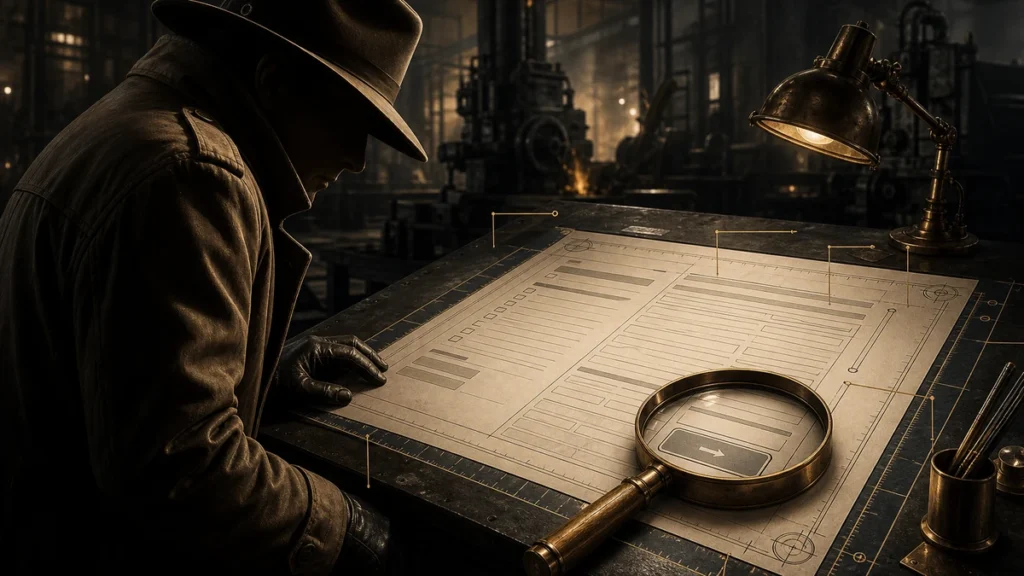 Factory Investigator examining a manufacturer RFQ form blueprint with brass measurement callouts